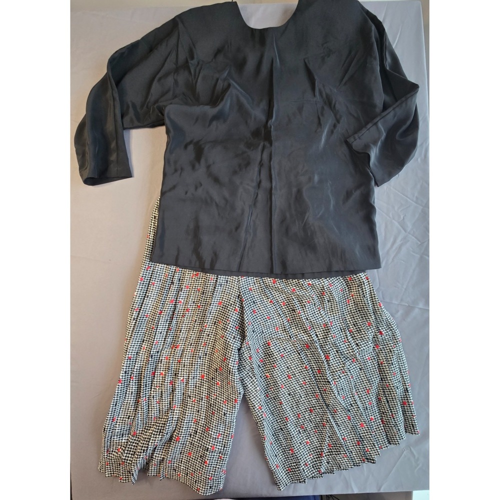 Vintage Dress Pants Set 80s 90s Round Shoulder Black Top Pleated Plaid Set